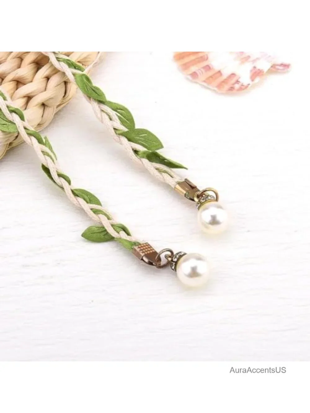Bohemian Braided Green Vine Leaf Belt with Pearl Tassels Skinny Belt for Dress